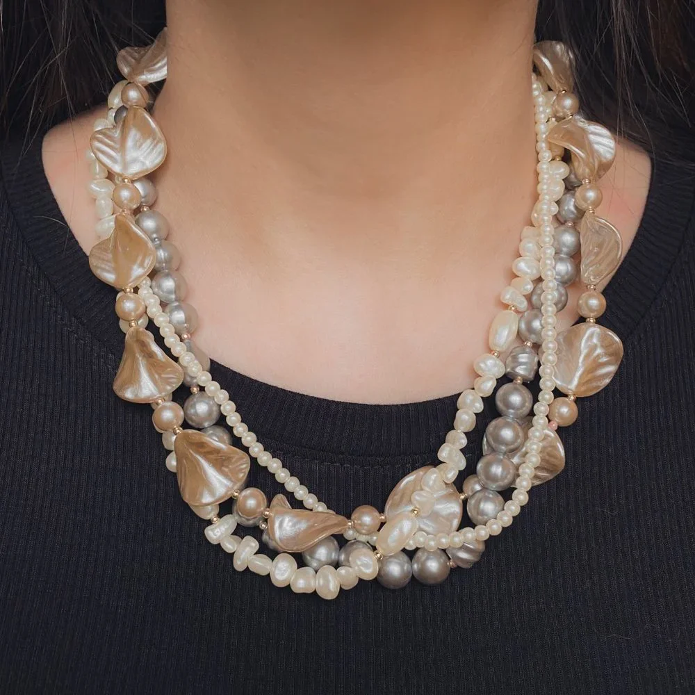 Vintage White Grey Mixed Faux Pearl Chunky Beaded Mutli Strand Collar Necklace - Picture 11 of 12